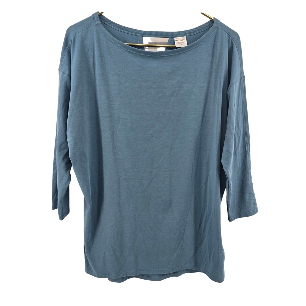Athleta Top Womens Medium Blue Boat Neck Keyhole Back 3/4 Sleeve Relaxed Fit